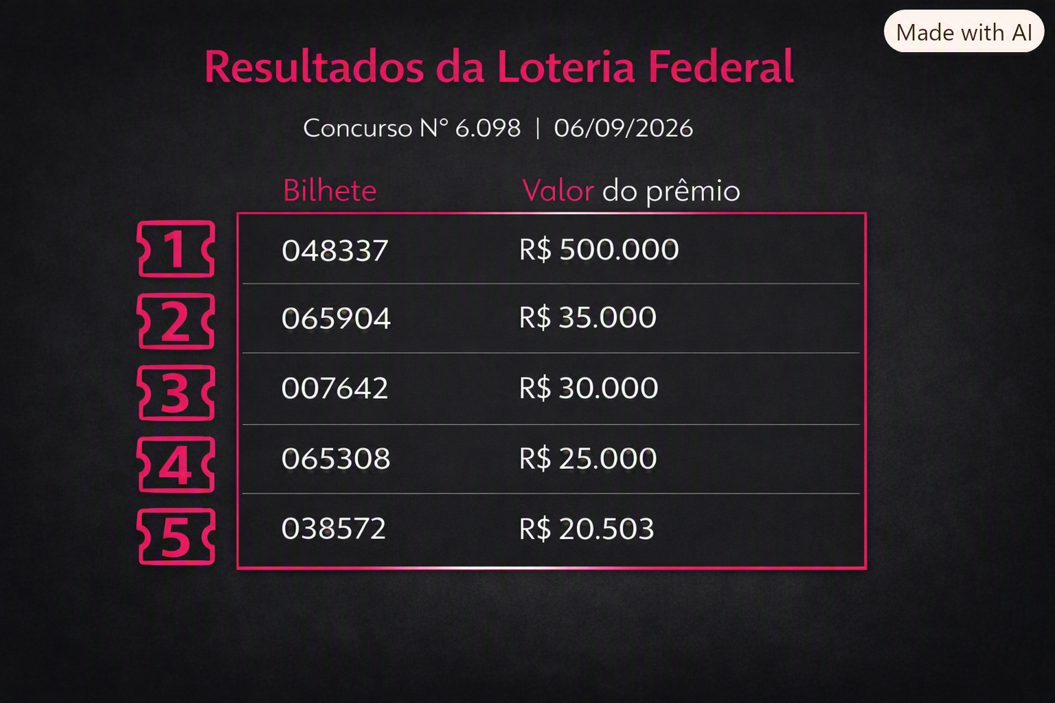 Loteria Federal hoje: resultado do concurso 6098 e números sorteados